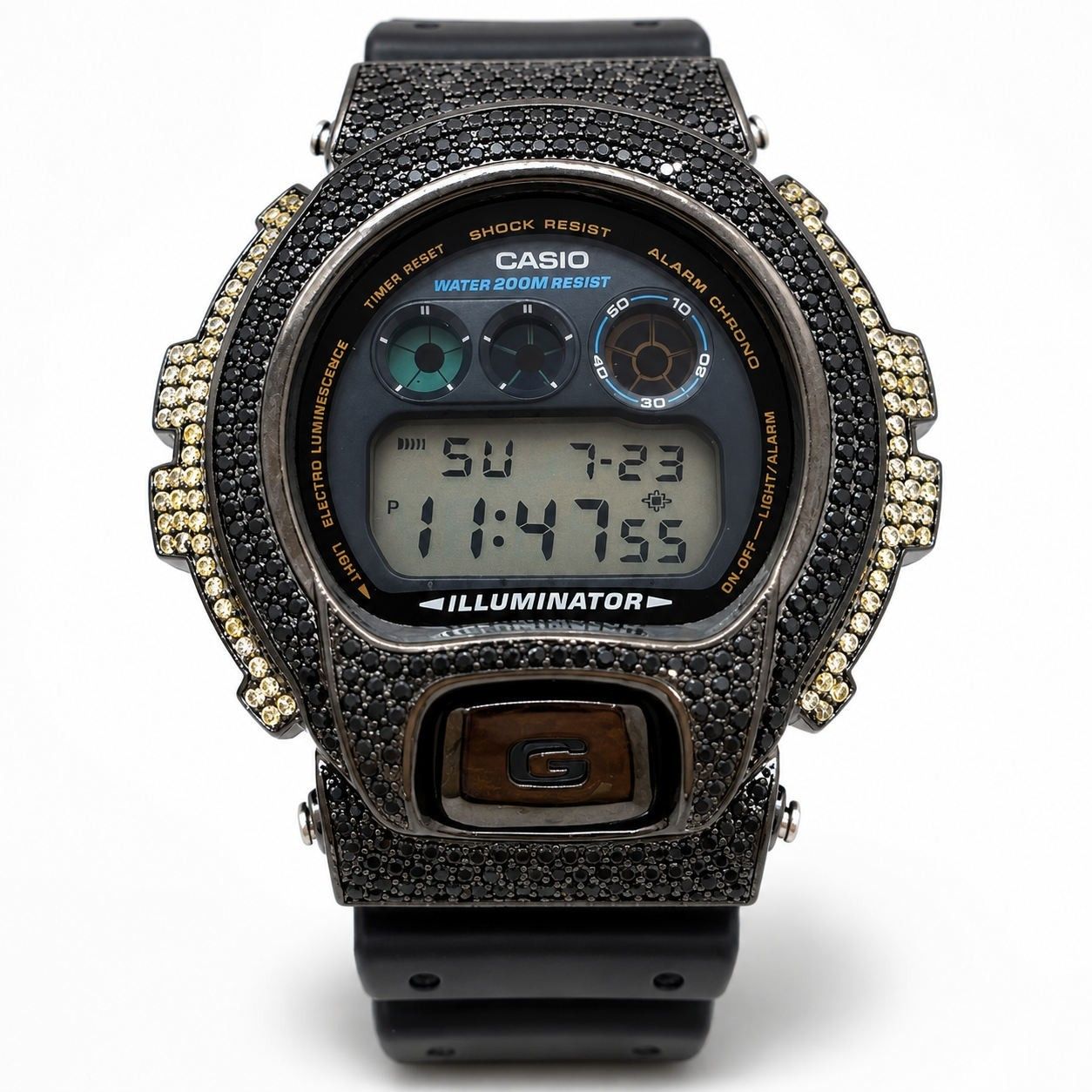 Casio GShock Dw6900 Black Pvd  Black  Yellow Cz Iced Bezel Watch